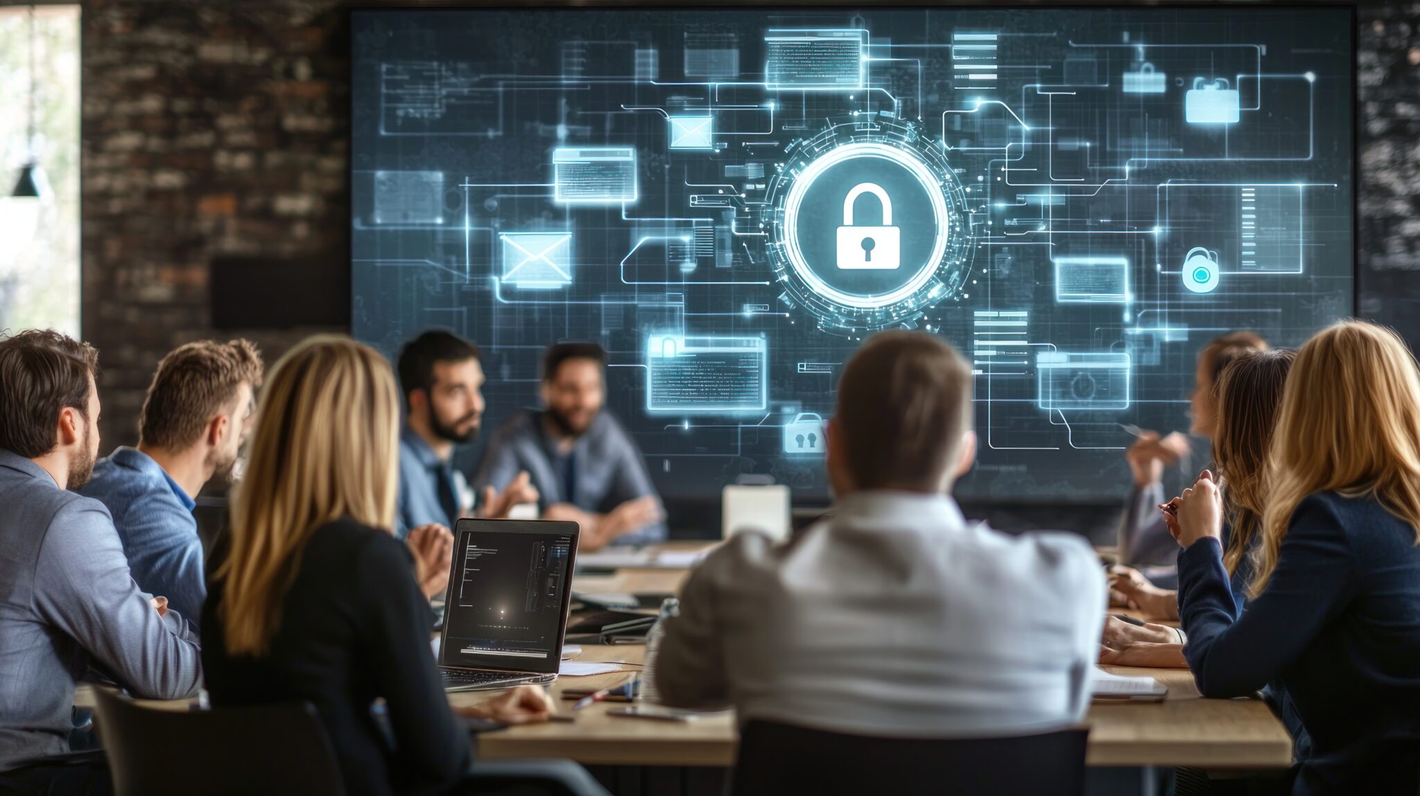 diverse team discussing cybersecurity strategy front large screen displaying digital security symbols