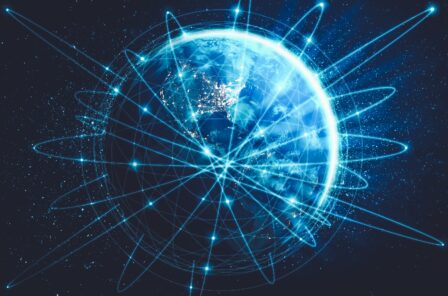 global network connection covering the earth with lines of innovative perception